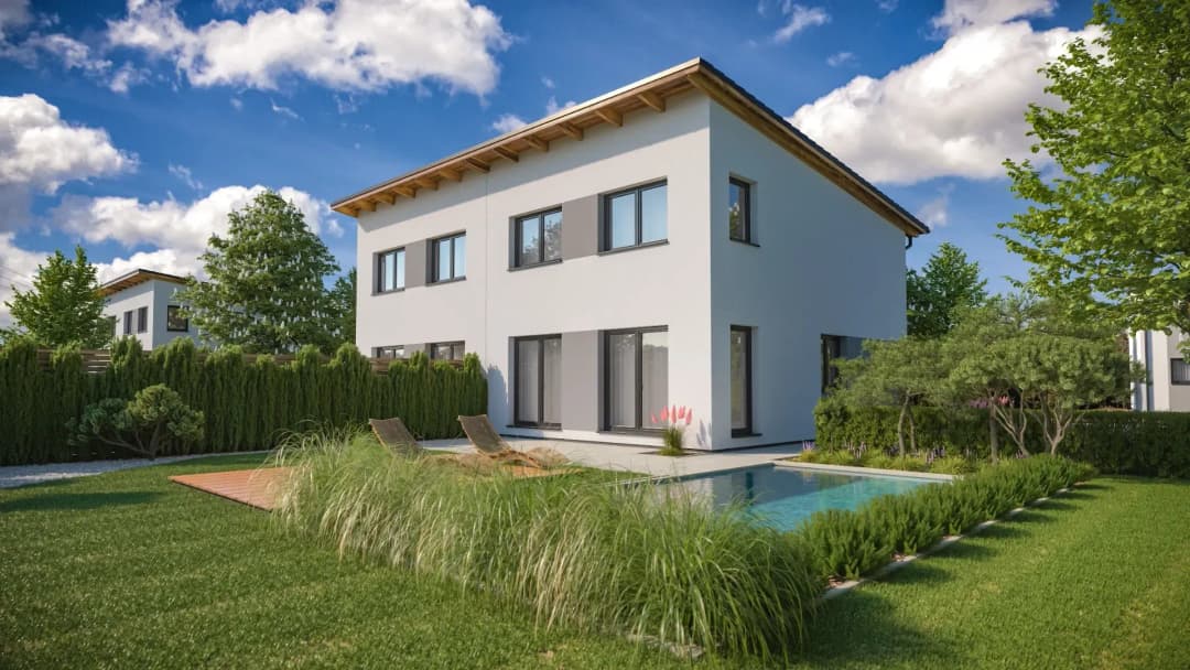 Vizualizace dvojdomu s bazénem a zahradou